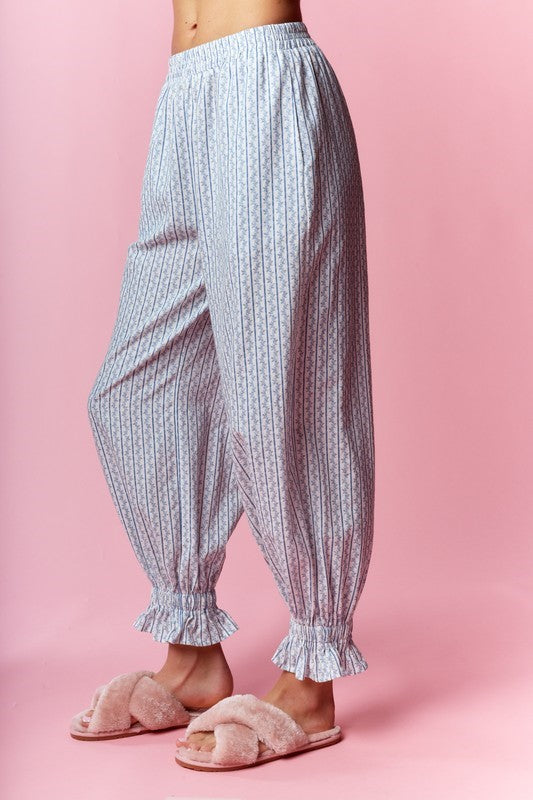 Blue Floral Print Smocked Pj Set