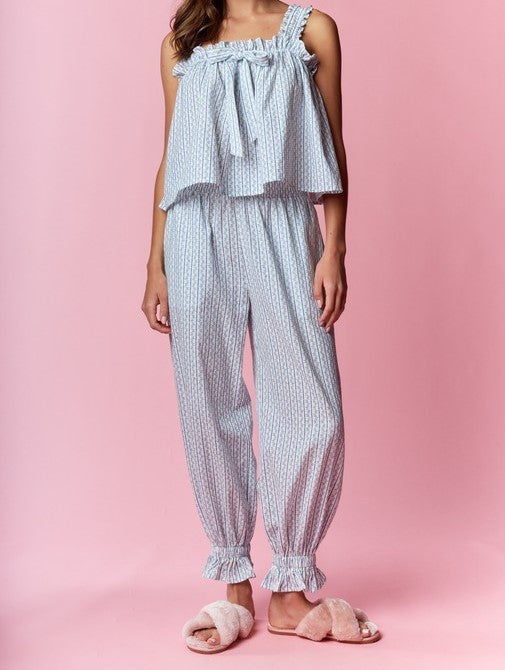 Blue Floral Print Smocked Pj Set
