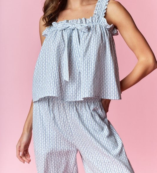 Blue Floral Print Smocked Pj Set